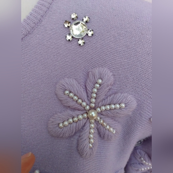 Vintage 80s Women's 100% Cashmere lavender Sweater EMBELLISHED pearl purple - Picture 6 of 9